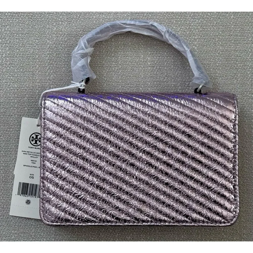 TORY‎ BURCH MINI KIRA MOTO QUILT METALLIC TOP-HANDLE CROSSBODY, SPARKLE PINK